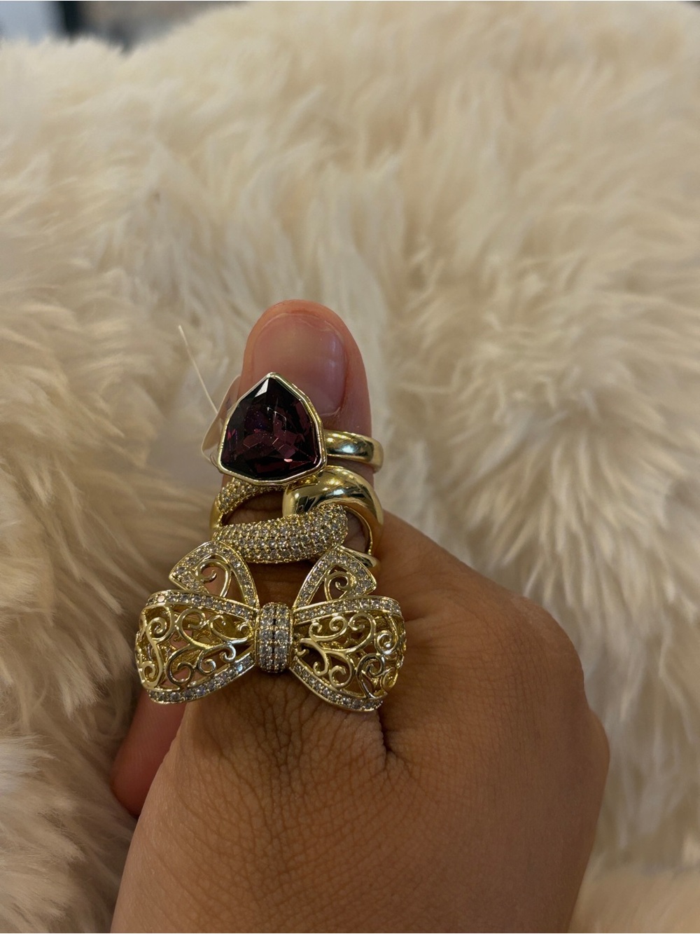 Gold Bow Cocktail Ring with Deep Purple Stone